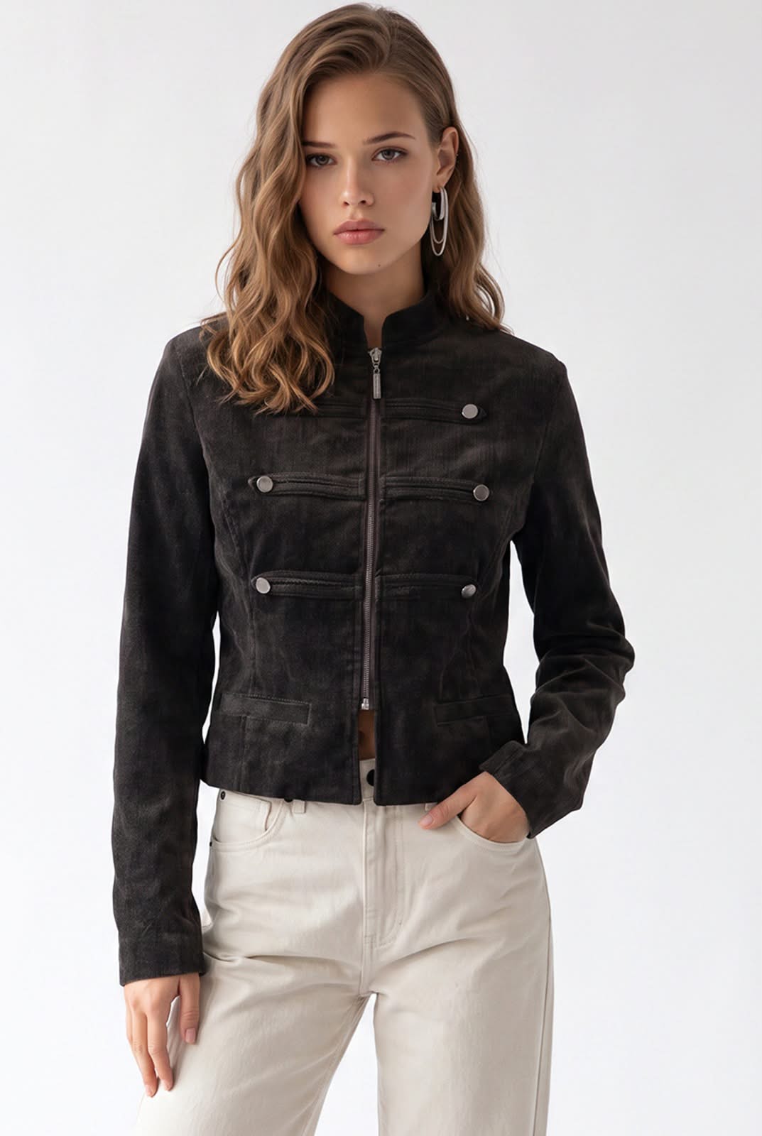 Brown Denim Military Jacket with Metallic Button Detail
