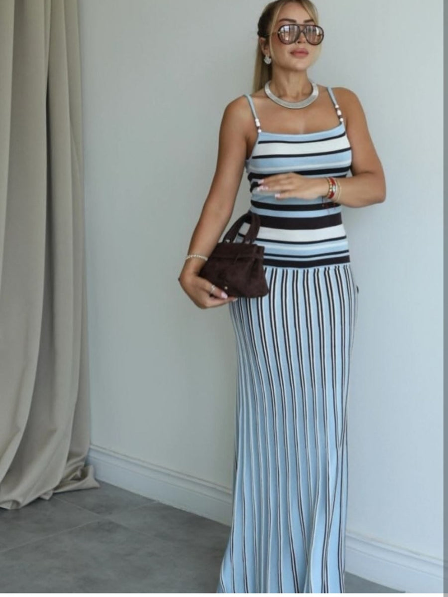 Marina Blue Striped Knit Cami Maxi Dress