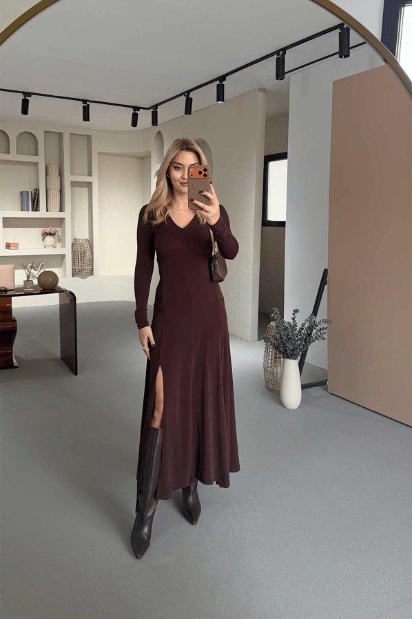Olivia Long Sleeve V-Neck Maxi Dress with Front Slit – Midnight Black