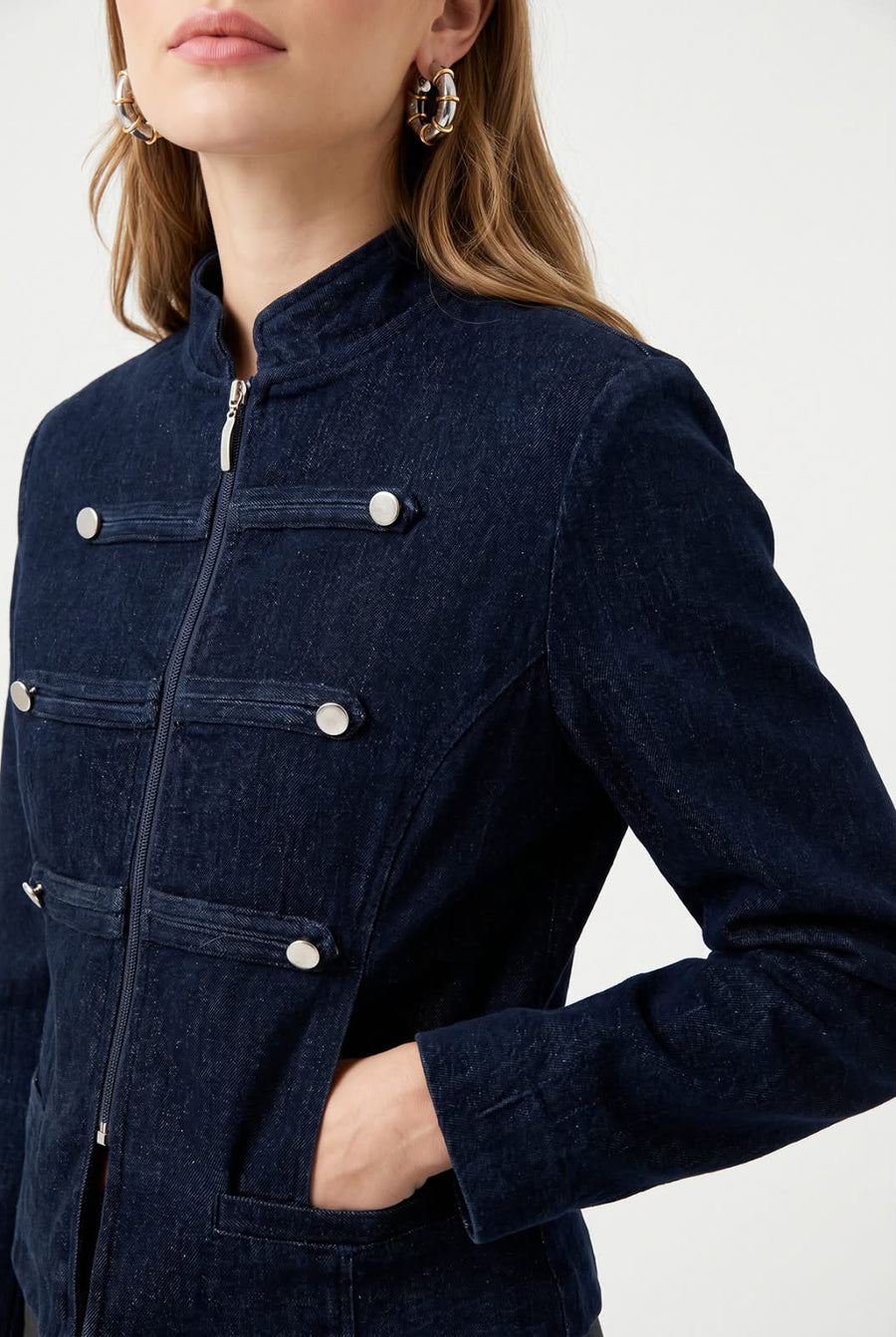 Navy blue Denim Military Jacket with Metallic Button Detail