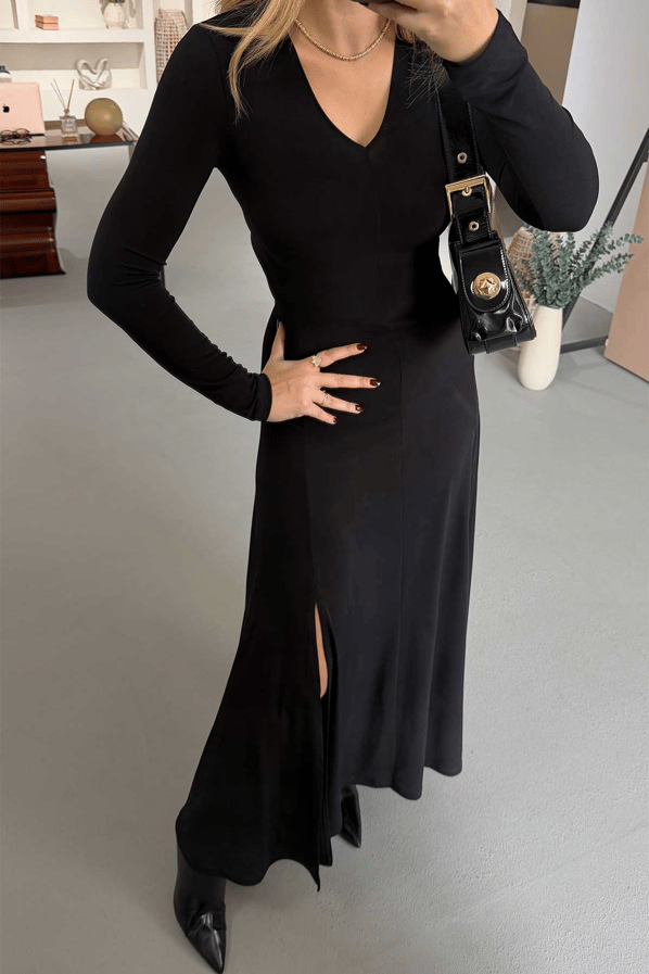 Olivia Long Sleeve V-Neck Maxi Dress with Front Slit – Midnight Black