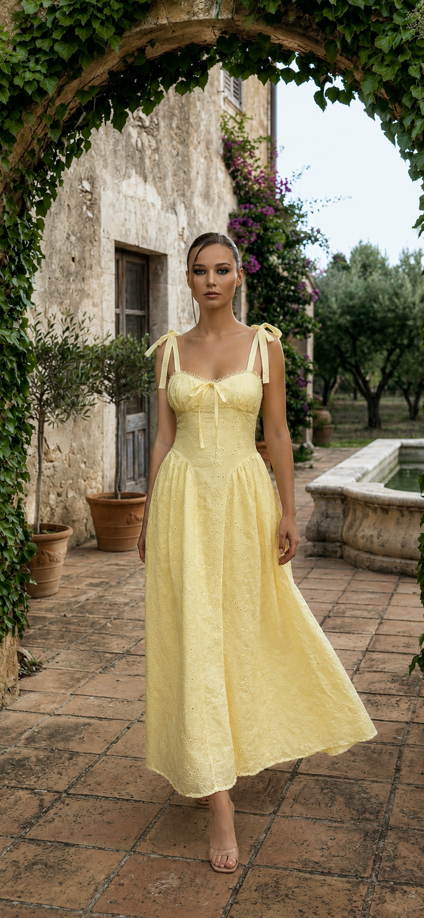 The Ivory Broderie Anglaise Maxi Dress in white and Butter yellow