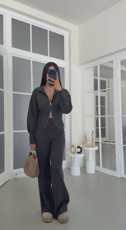 Ribbed Knit Zip Cardigan & Wide-Leg Pants Set