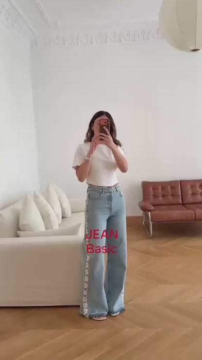 Crochet Stitching High-Waist Wide-Leg Jeans