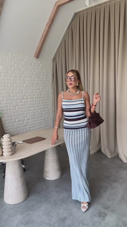 Marina Blue Striped Knit Cami Maxi Dress
