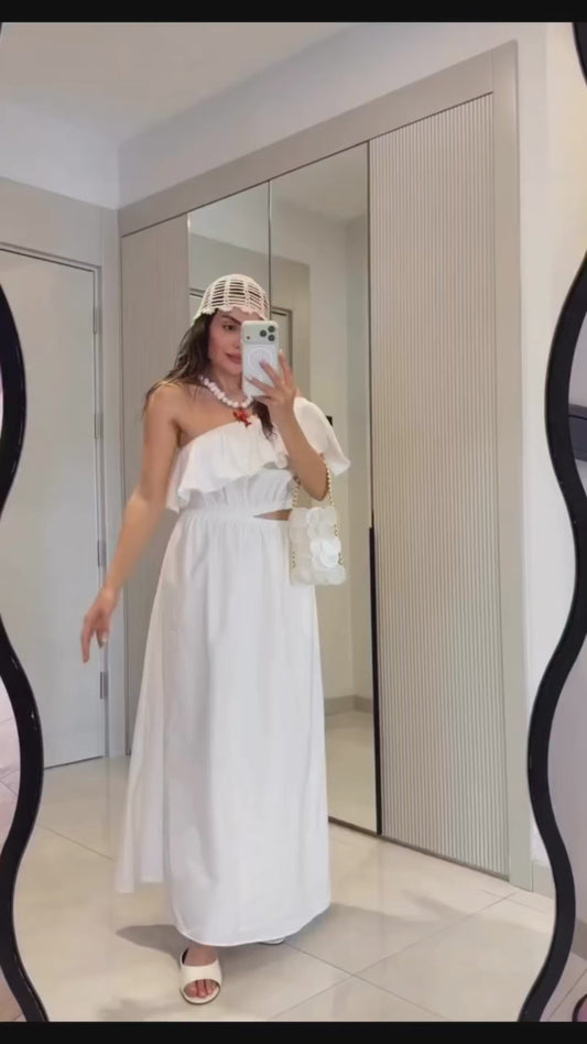 Asymmetrical Ruffle Cut-Out Maxi Dress in white