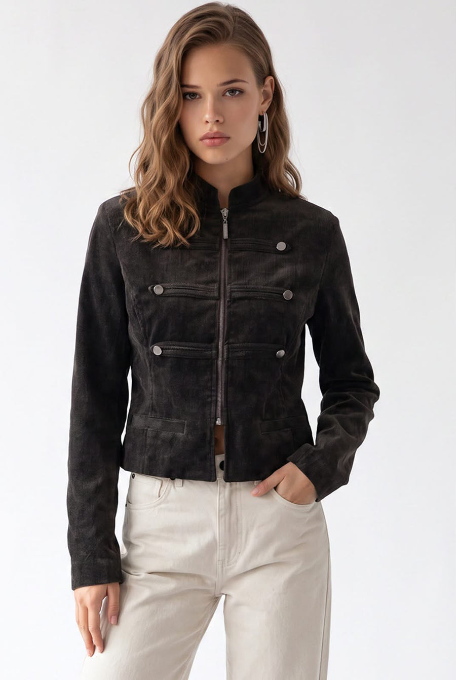 Brown Denim Military Jacket with Metallic Button Detail