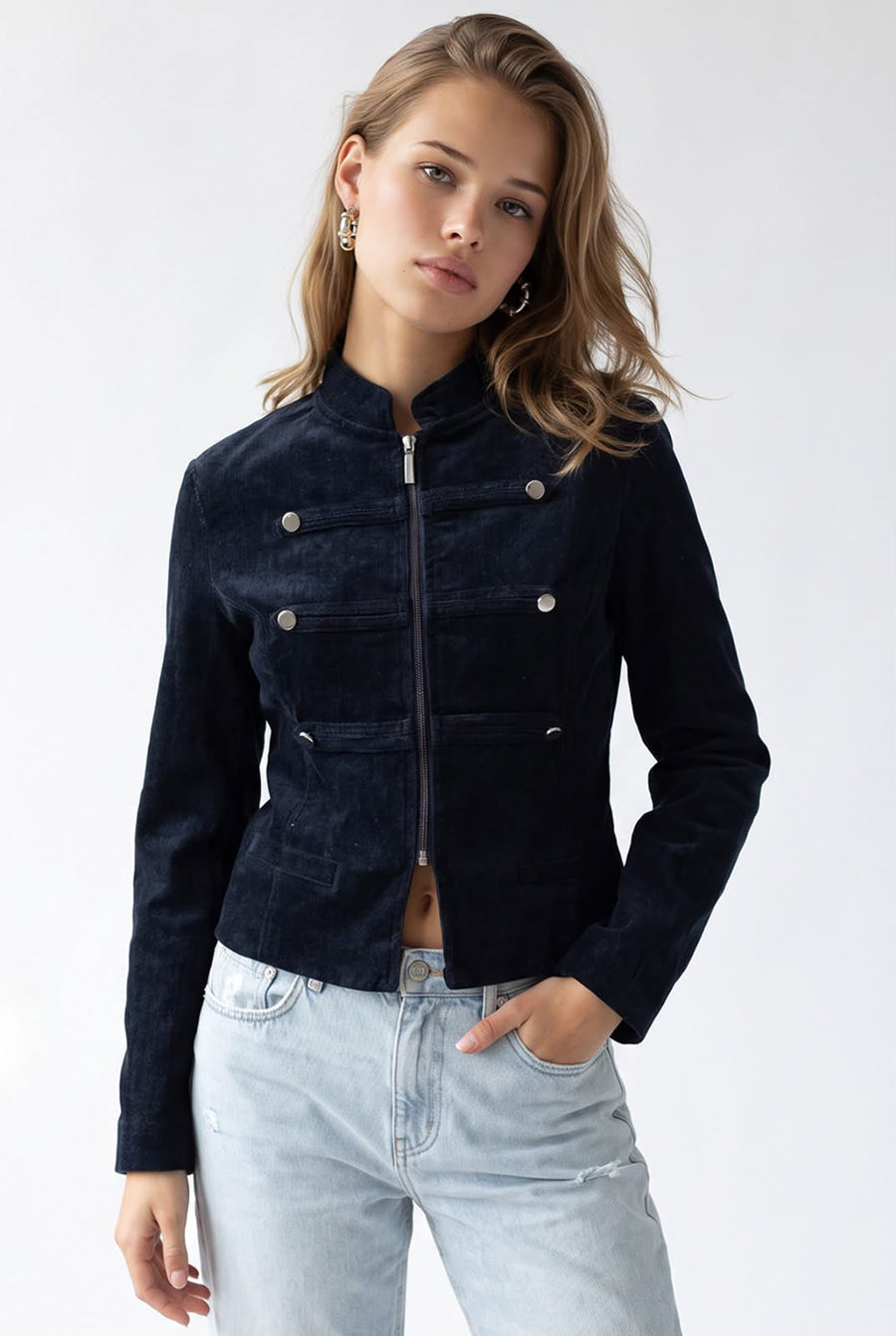 Navy blue Denim Military Jacket with Metallic Button Detail
