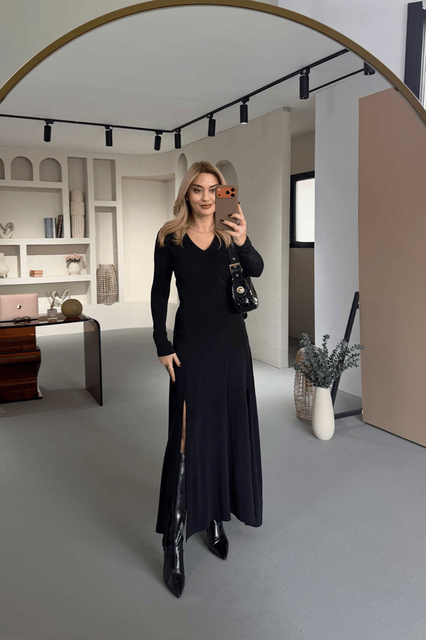 Olivia Long Sleeve V-Neck Maxi Dress with Front Slit – Midnight Black