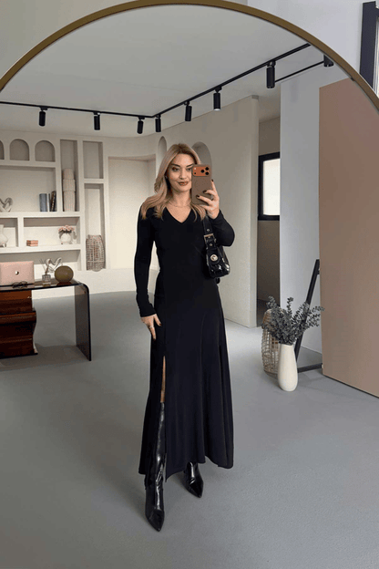 Olivia Long Sleeve V-Neck Maxi Dress with Front Slit – Midnight Black
