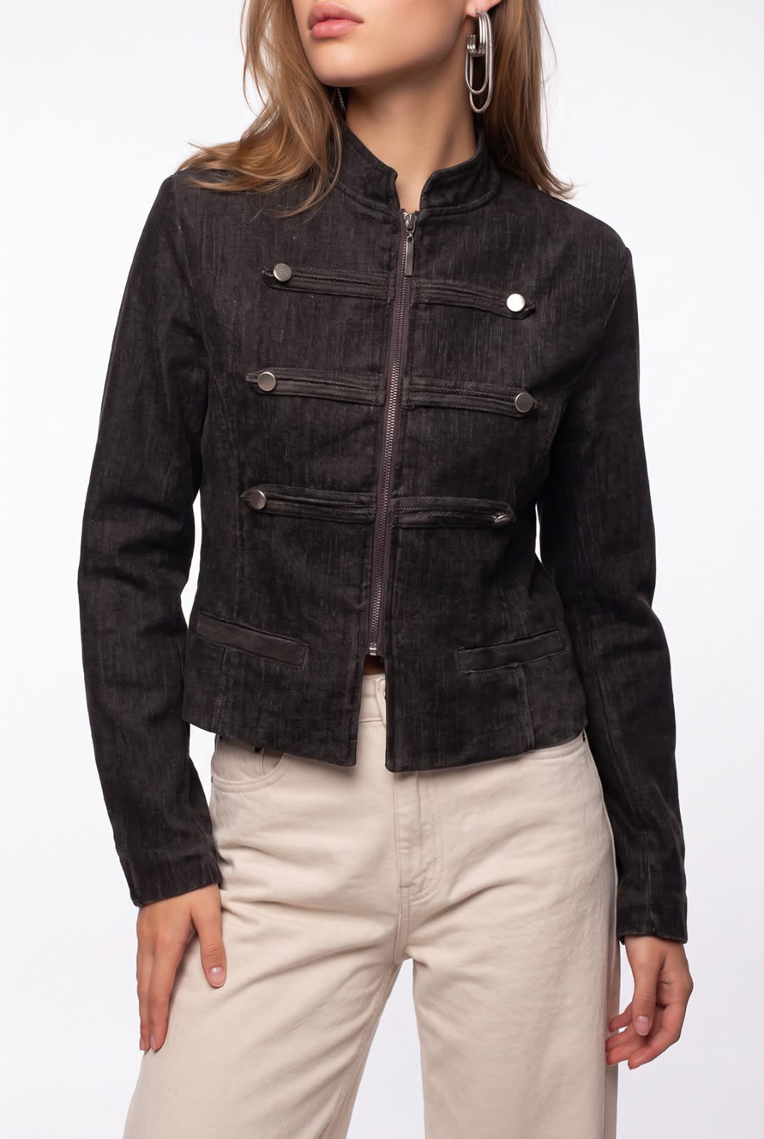 Brown Denim Military Jacket with Metallic Button Detail
