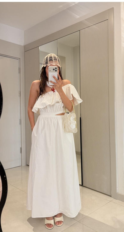 Asymmetrical Ruffle Cut-Out Maxi Dress in white