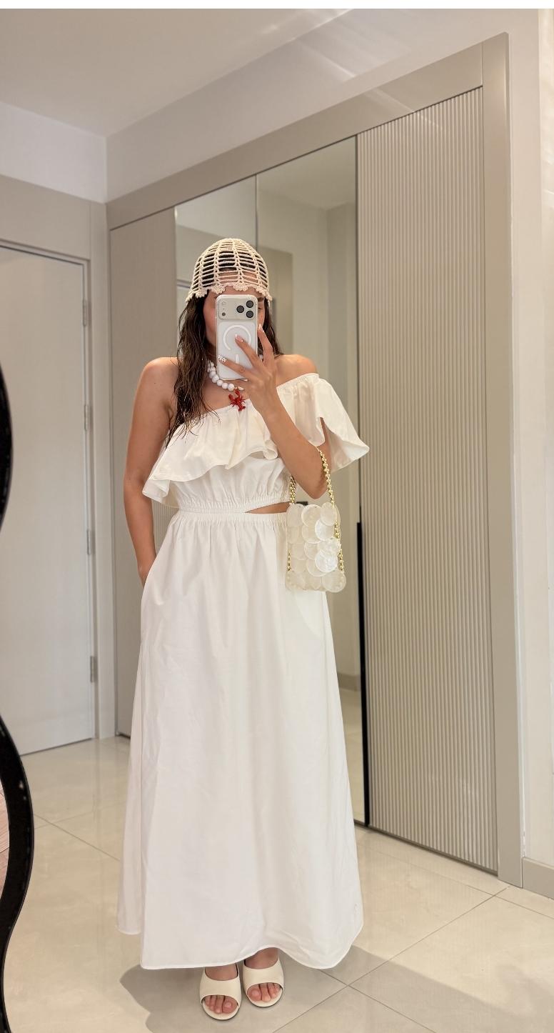 Asymmetrical Ruffle Cut-Out Maxi Dress in white