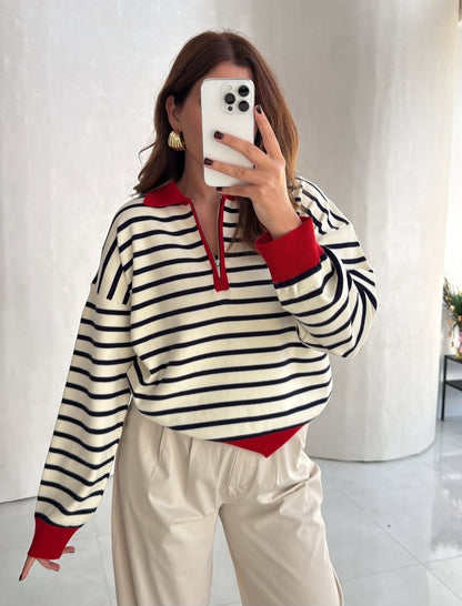 Polo Collar Half-Zip Striped Knit Sweater in Ecru & Red