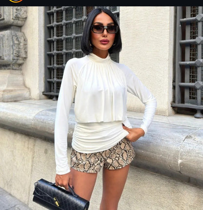 Evelyn High-Neck Pleated Long Sleeve Blouse