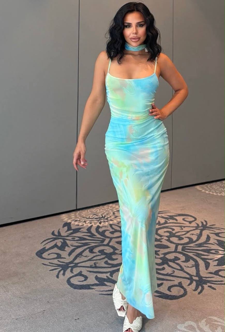 Teal Aura Watercolor Bodycon Maxi Dress