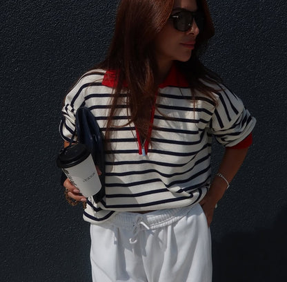 Polo Collar Half-Zip Striped Knit Sweater in Ecru & Red