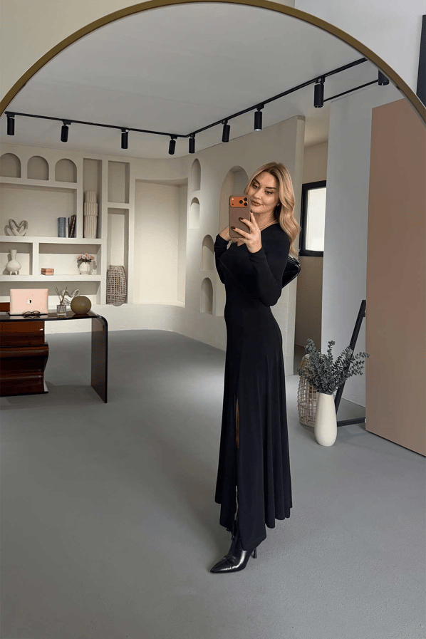 Olivia Long Sleeve V-Neck Maxi Dress with Front Slit – Midnight Black