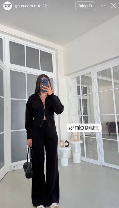 Ribbed Knit Zip Cardigan & Wide-Leg Pants Set