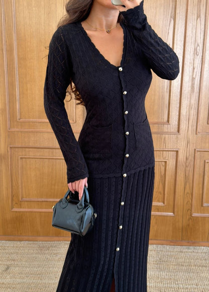 Noir Elegance Button-Down Knit Maxi