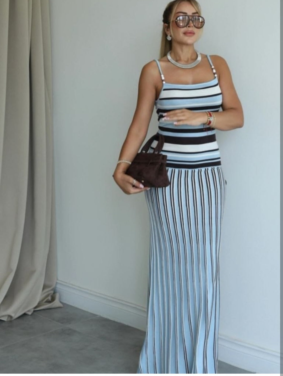 Marina Blue Striped Knit Cami Maxi Dress