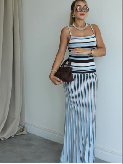 Marina Blue Striped Knit Cami Maxi Dress
