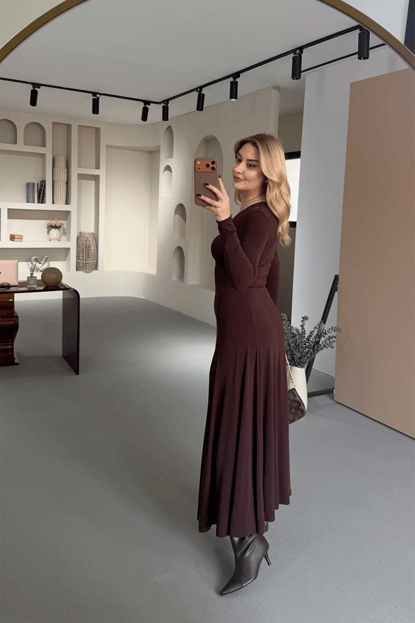Olivia Long Sleeve V-Neck Maxi Dress with Front Slit – Midnight Black