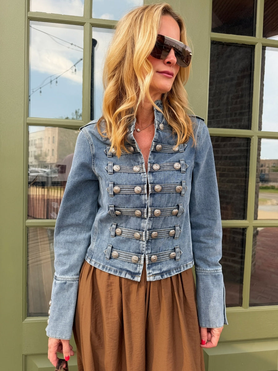 Napoleon Style Stand Collar Denim Jacket