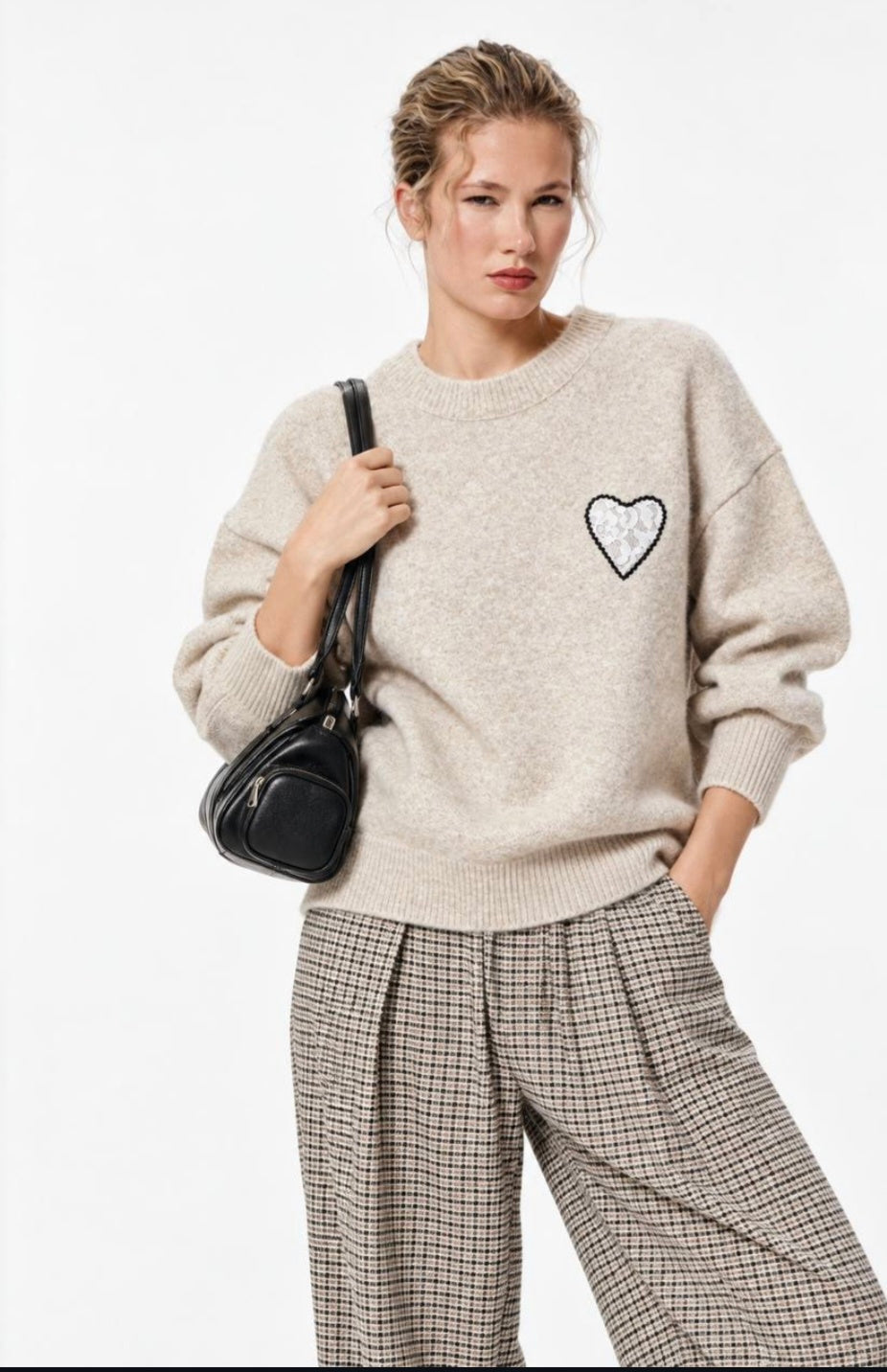Cozy Days Lace-Up Heart Crewneck Knit Sweater