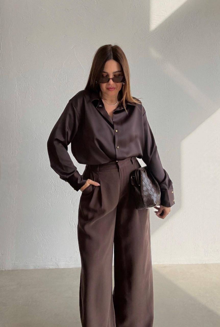 Dark Brown Satin Button-Down Shirt