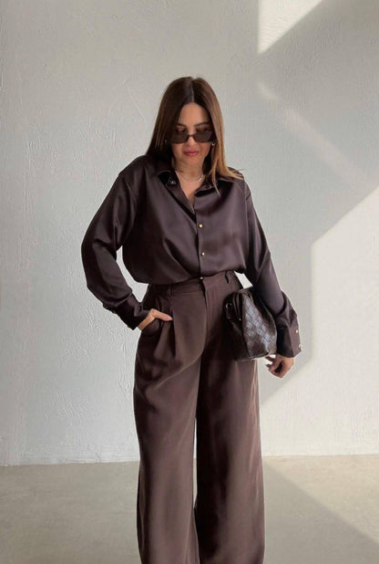Dark Brown Satin Button-Down Shirt