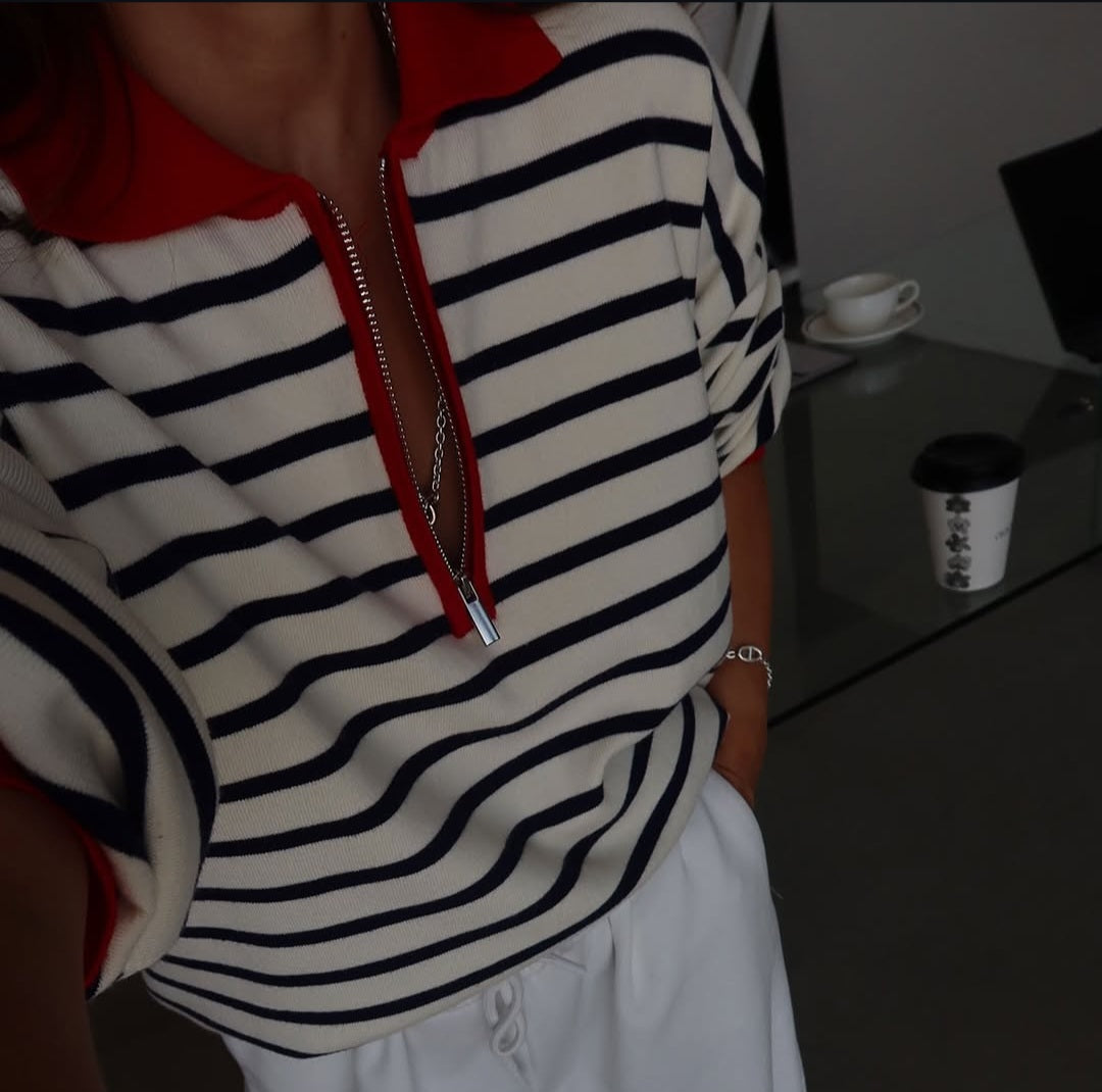 Polo Collar Half-Zip Striped Knit Sweater in Ecru & Red