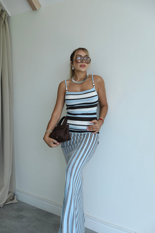 Marina Blue Striped Knit Cami Maxi Dress