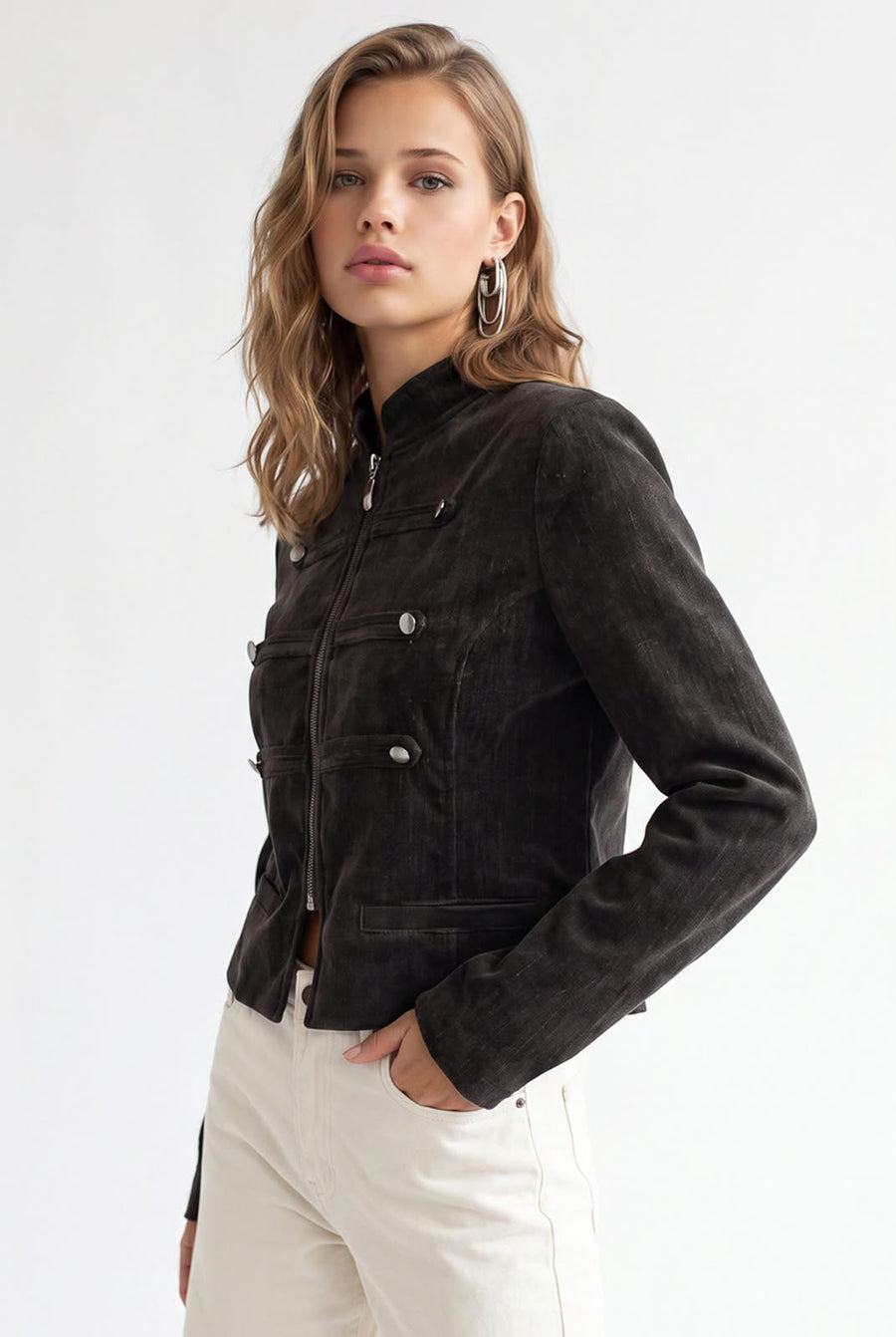 Brown Denim Military Jacket with Metallic Button Detail