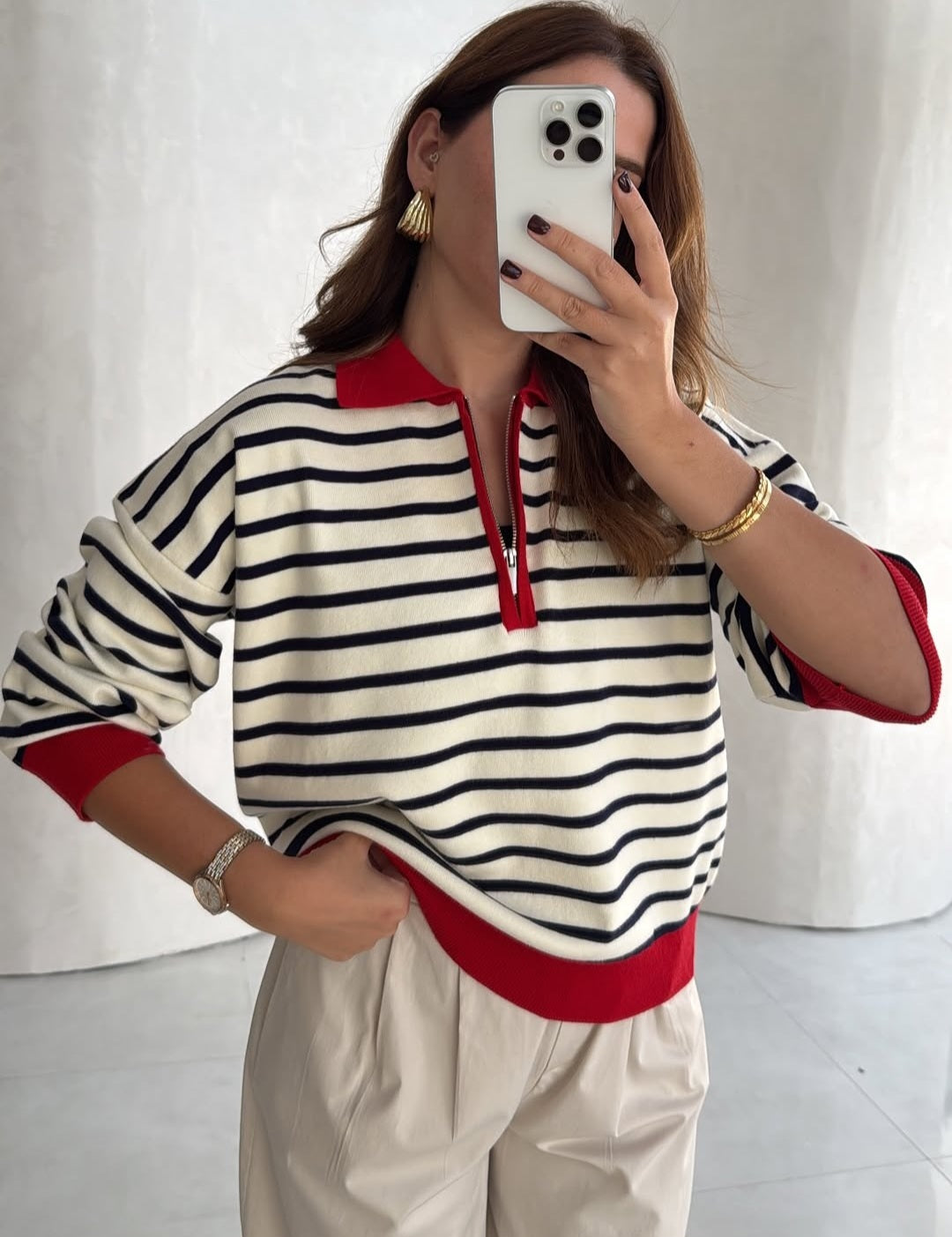 Polo Collar Half-Zip Striped Knit Sweater in Ecru & Red