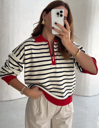 Polo Collar Half-Zip Striped Knit Sweater in Ecru & Red