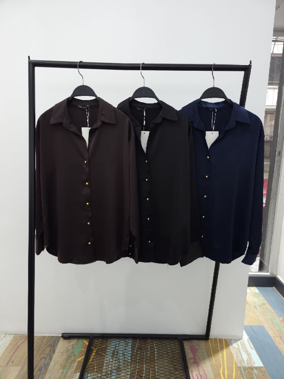Dark Brown Satin Button-Down Shirt