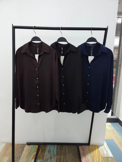 Dark Brown Satin Button-Down Shirt