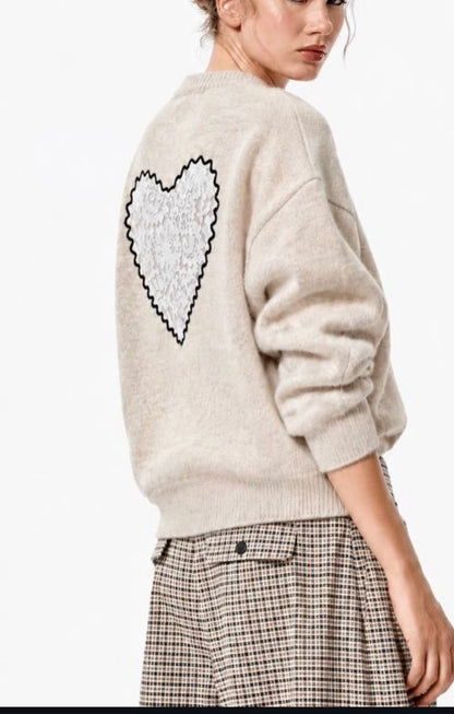 Cozy Days Lace-Up Heart Crewneck Knit Sweater