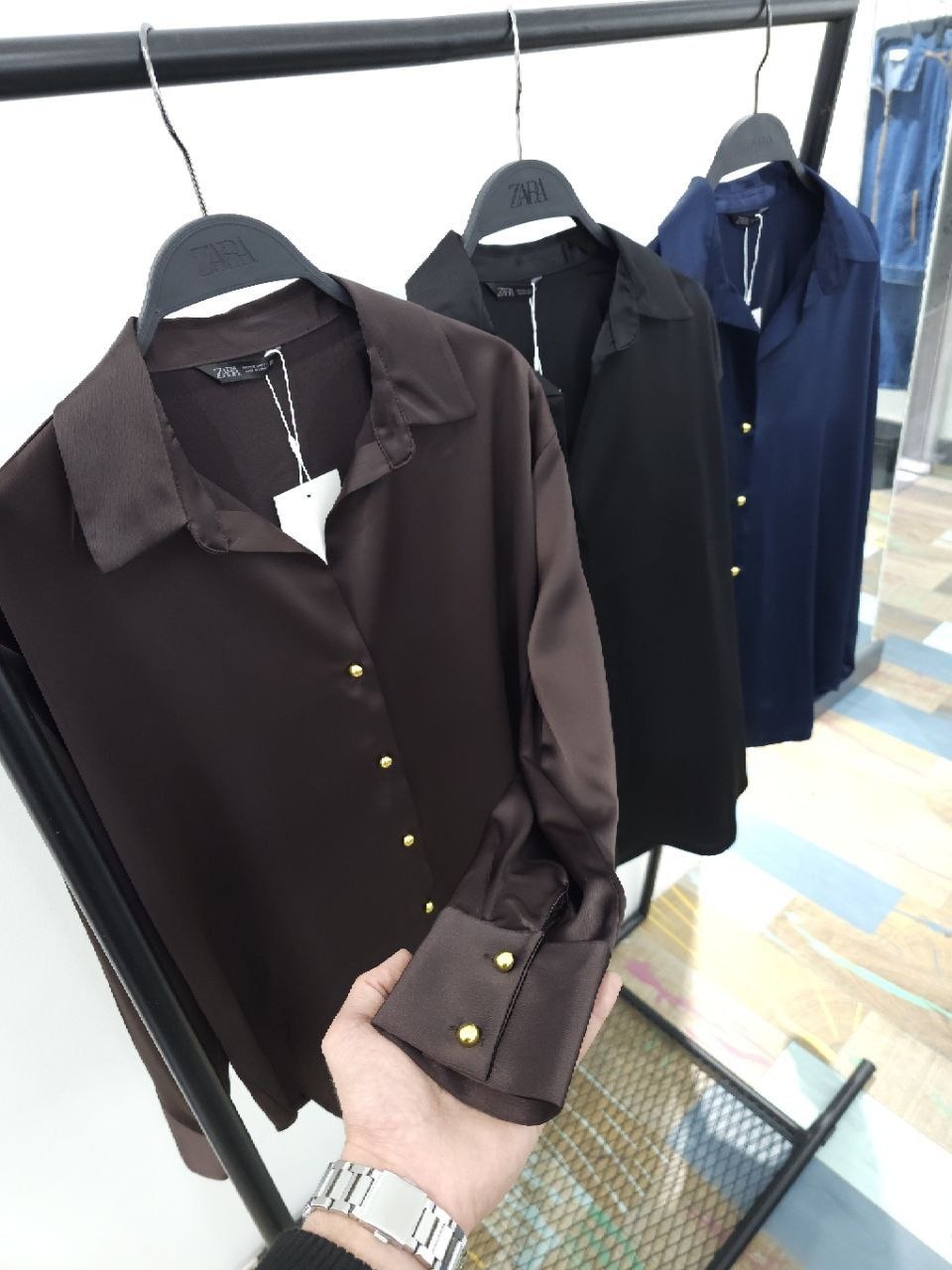 Dark Brown Satin Button-Down Shirt