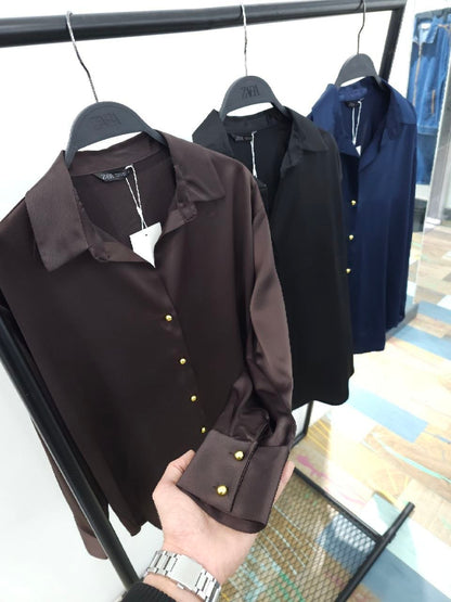 Dark Brown Satin Button-Down Shirt