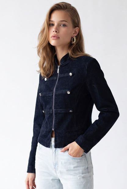 Navy blue Denim Military Jacket with Metallic Button Detail