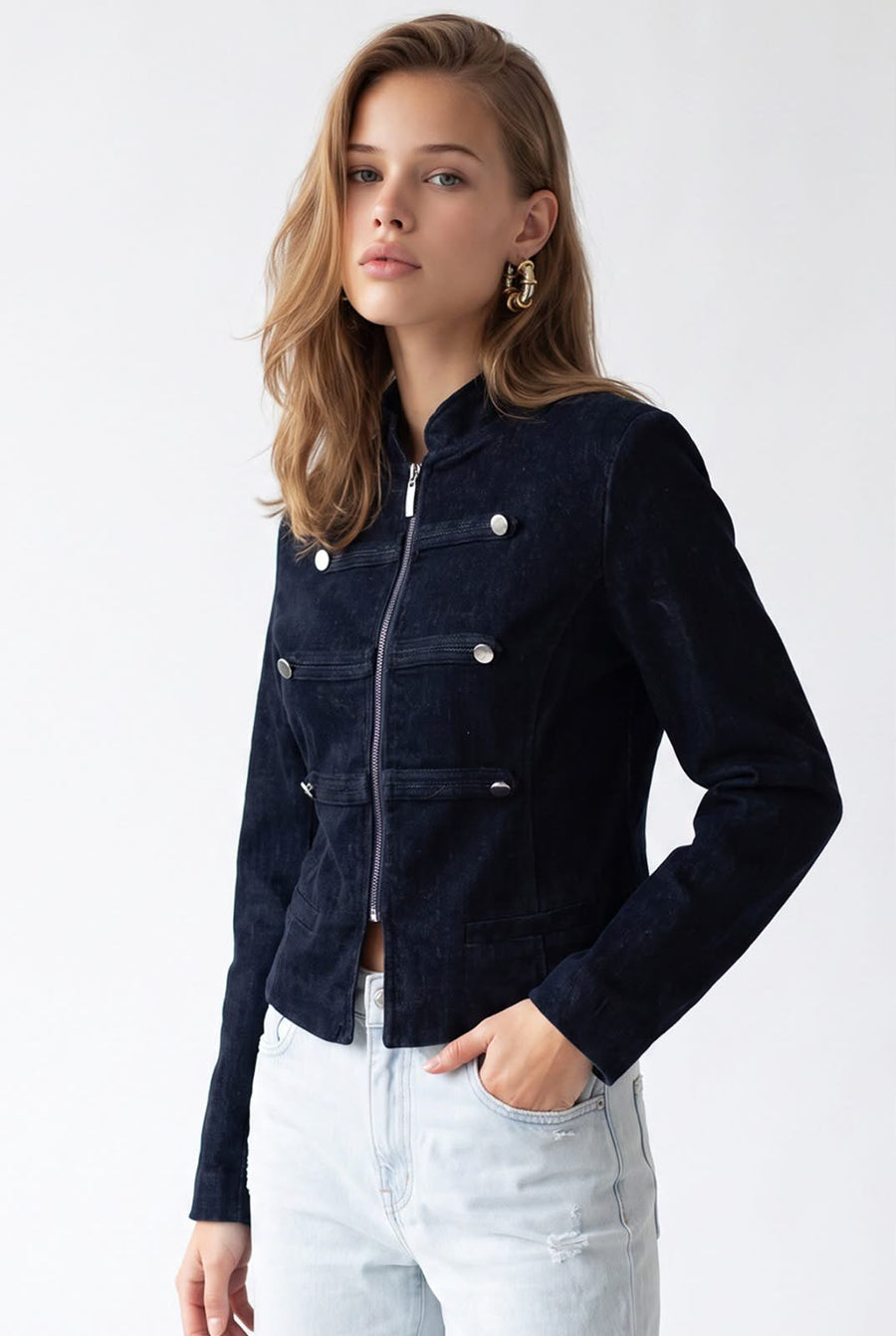 Navy blue Denim Military Jacket with Metallic Button Detail